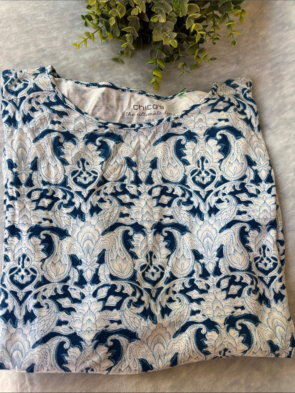 Chico's Navy & White Boho Paisley Longsleeved Top RS The Ultimate Tee Size 0